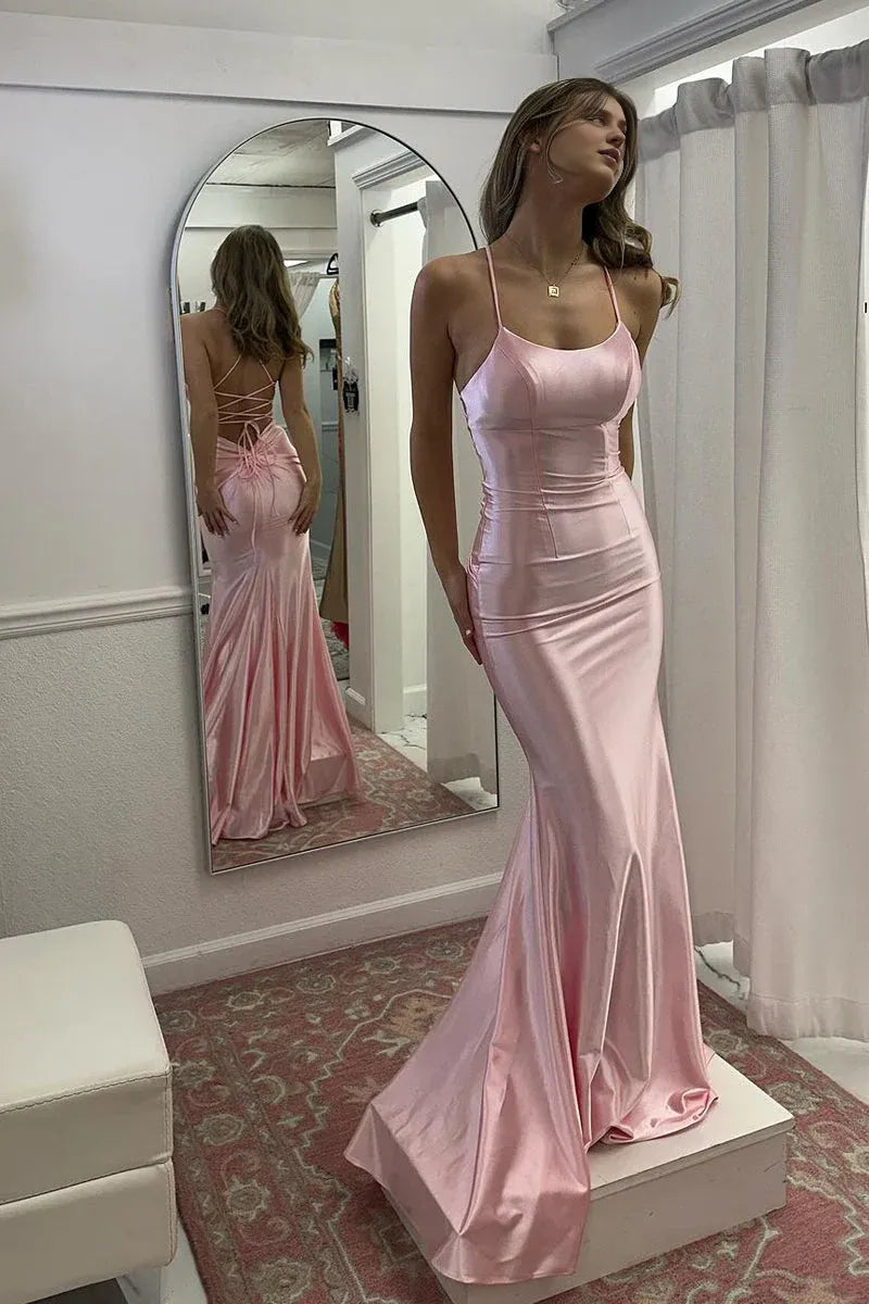Robe Weitese mignonne sirène col rond rose satin longue robe de bal